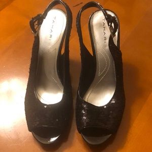 Tahari black sequin sling back heels